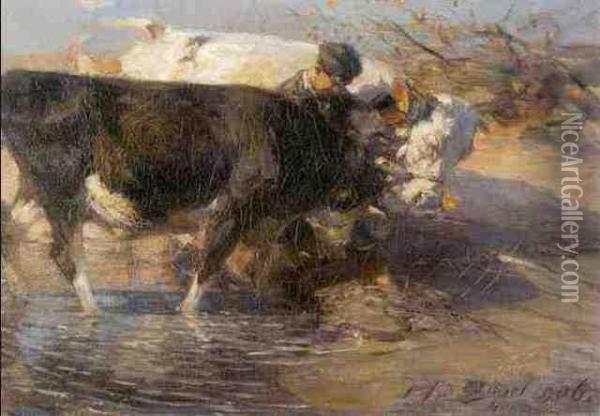 Treiber Mit Zwei Ochsen In Der Furt Oil Painting - Heinrich Johann Von Zugel