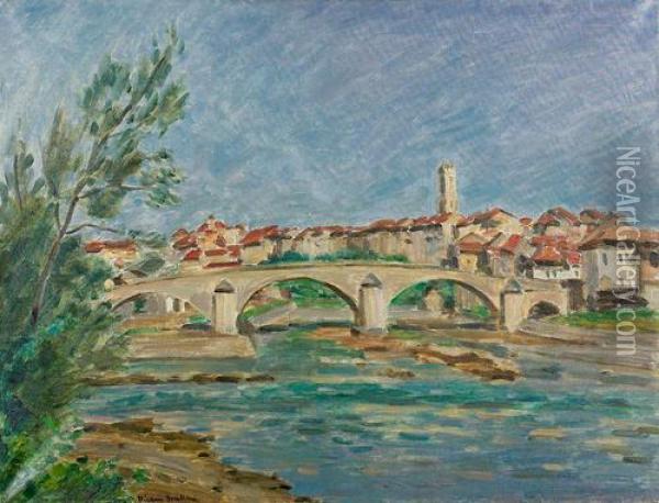 Ansicht Von Fribourg Und Dem Pont Du Milieu. Oil Painting - Ernest Hiram Brulhard