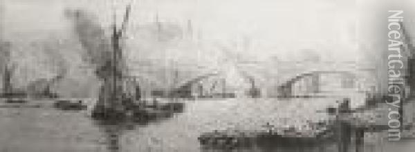 Southwark Bridge And Cannon Street From Bankside Oil Painting - William Lionel Wyllie