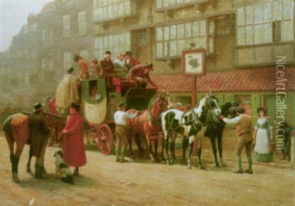 The London To York Coach Outside The Black Swan Oil Painting - John Charles Dollman