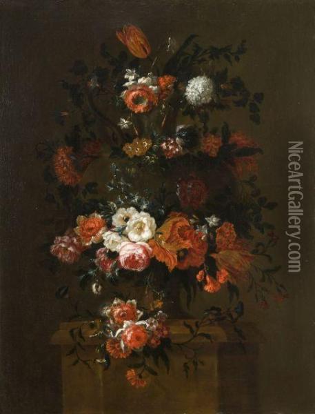 Deux Bouquets De Fleurs Sur Des Pilastres Oil Painting - Gaspar-pieter The Younger Verbruggen