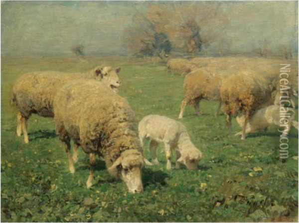Schafherde Auf Der Weide (sheep In A Meadow) Oil Painting - Heinrich Johann Von Zugel