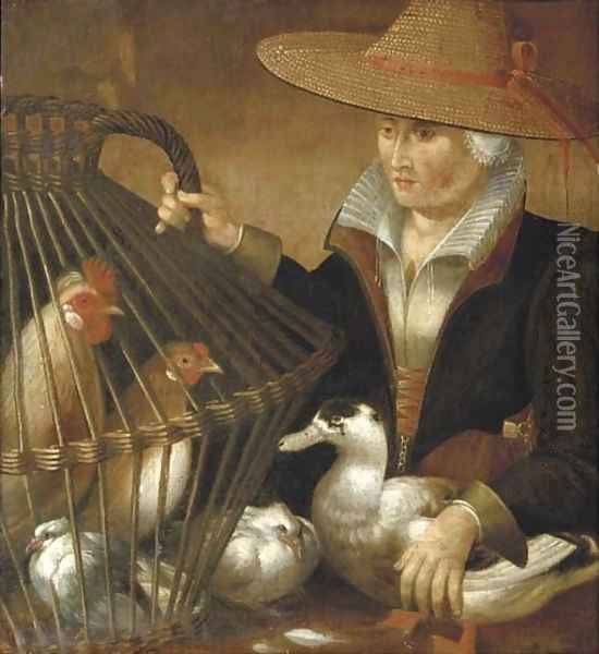 A woman holding a duck and a bird cage with chickens and a dove Oil Painting - Pieter Aertsen