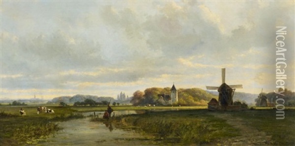 Weite Hollandische Landschaft, Im Hintergrund Eine Stadtsilhouette (den Haag?) Oil Painting - Frans Breuhaus de Groot