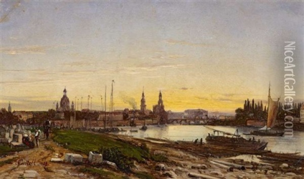 Blick Entlang Der Elbe Auf Dresden Oil Painting - Anton Castell
