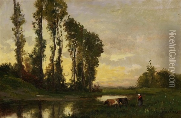 Baumbestandene Flusslandschaft Oil Painting - Etienne Maxime Vallee