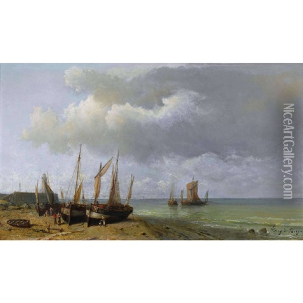 Strandpartie Mit Segelschiffen Oil Painting - Tony-Francois de Bergue