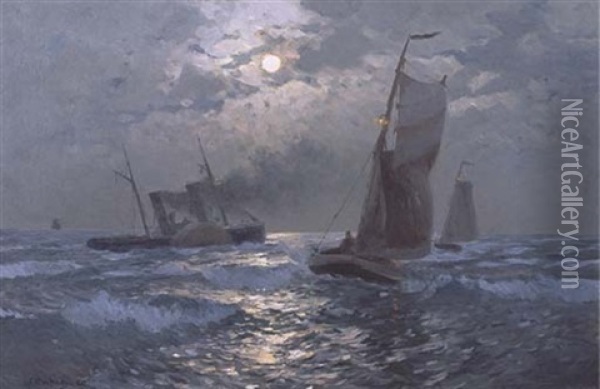 Ships In Moonlight Oil Painting - Mauritz Frederick Hendrick de Haas