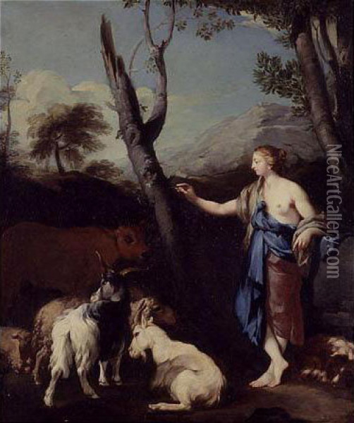A Shepherdess In A Landscape Oil Painting - Francesco Fernandi, Called L'Imperiali