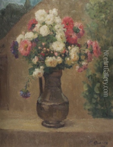 Stilleben Mit Blumen In Zinnkrug Auf Mauer Oil Painting - Ernest Quost