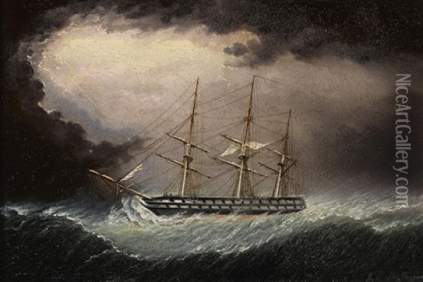 A British Warship In Heavy Weather Oil Painting - James Edward Buttersworth