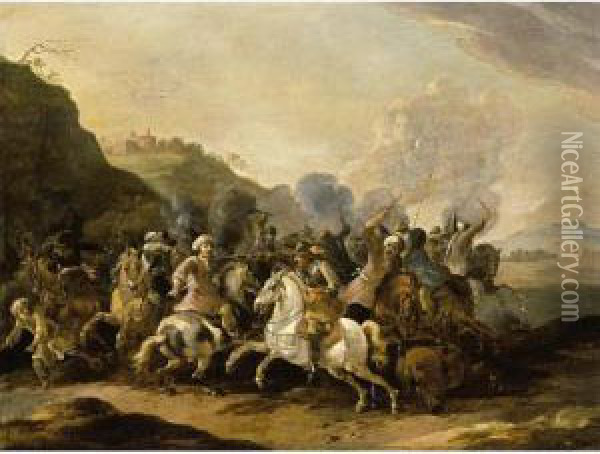 A Calvalry Battle Scene Between Turkish And Christian Soldiers Oil Painting - Simon Johannes van Douw