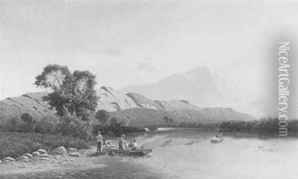 River Landscape With Fisherman Preparing Nets Oil Painting - Edwin Henry Boddington