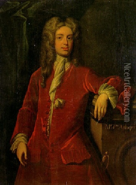Portrait Of Mr. Jonothan Atherton, Wearing A Red Velvet Coat Oil Painting - Herman van der Myn