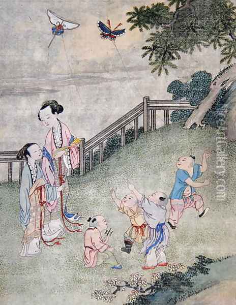 Children playing with kites Oil Painting - Anonymous Artist