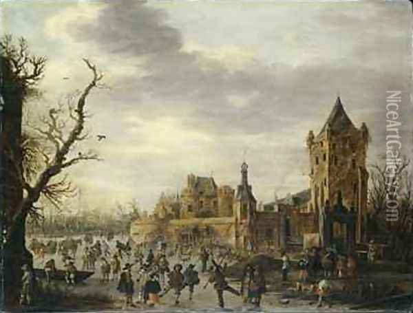 A View of Kasteel Batestein Vianen in Winter with a Gentleman, his Wife and Retinue Watching Winter Sports on the Ice Oil Painting - Jan van Goyen