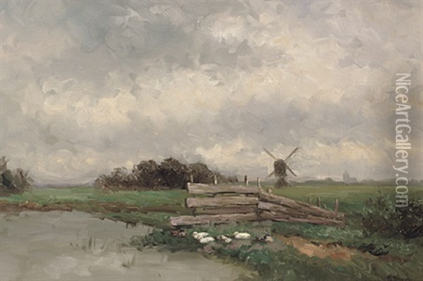 Niederrheinische Landschaft Mit Ententeich Und Windmuhle An Einem Dunstigen Sommertag Oil Painting - Berend Jan Brouwer