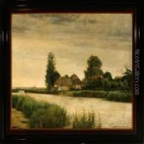A Thatched Farm At Odense Stream Oil Painting - Cilius Andersen