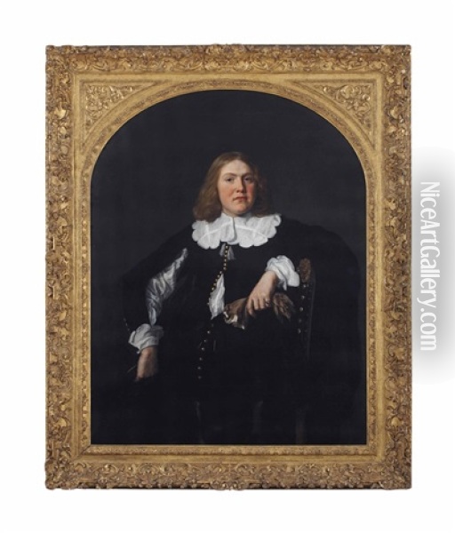 Portrait Of A Gentleman, Three-quarter-length, In A Black Coat And Shirt With Lace Collar And Cuffs, Holding Gloves In His Left Hand, Leaning Against A Chair Oil Painting - Bartholomeus Van Der Helst