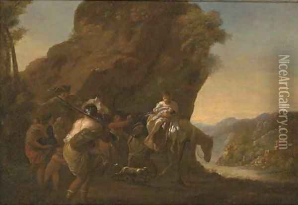A rocky river landscape with travellers in the foreground Oil Painting - Nicolaes Berchem
