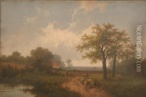 Landscape With A Womanon A Horse In Conversation With A Youth On A Path Oil Painting - Hendrik Pieter Koekkoek