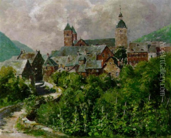 Blick Auf Karden An Der Mosel Mit Der Stiftskirche St. Castor Oil Painting - Paul Puetzhofen-Hambuechen