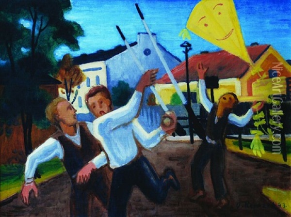 Kite Flying Oil Painting - Oldrich Kerhart