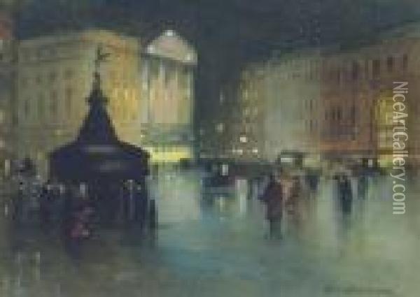 Piccadilly Circus At Night Oil Painting - Hans Jacob Hansen