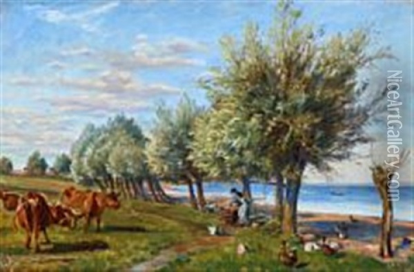 A Girl Is Washing Clothes Under The Willow Trees, Grazing Cows On The Field Oil Painting - Theodor Philipsen