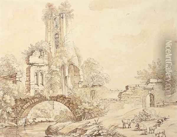 A ruined tower by a bridge, a herdsman asleep in the foreground Oil Painting - Christian Gottlob Hammer