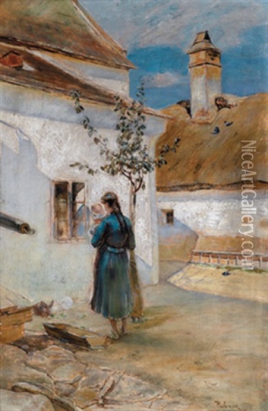 Mutter Mit Kind Und Zwei Hasen Oil Painting - Rudolf Ribarz