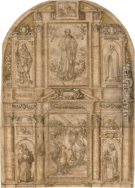 Design For An Elaborate Altarpiece With A Central Panel Oil Painting - Alonso Cano