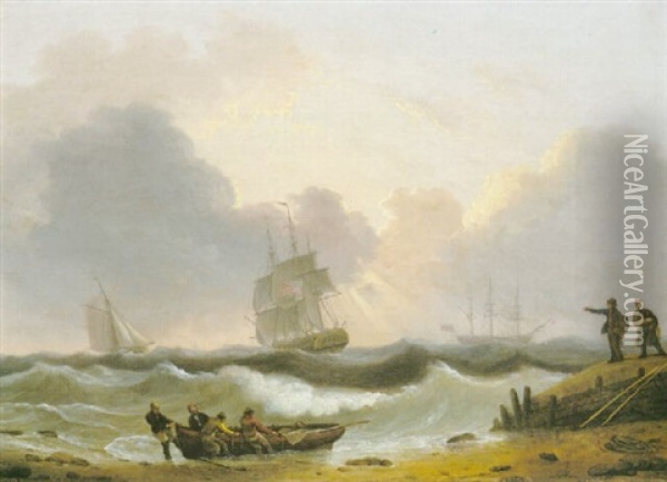 Coastal Scene With Figures Pulling In A Boat To Shore Oil Painting - Thomas Luny