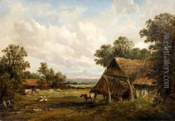 A Rural Landscape With Cattle And Sheep Grazing By Barns Oil Painting - Alfred Vickers
