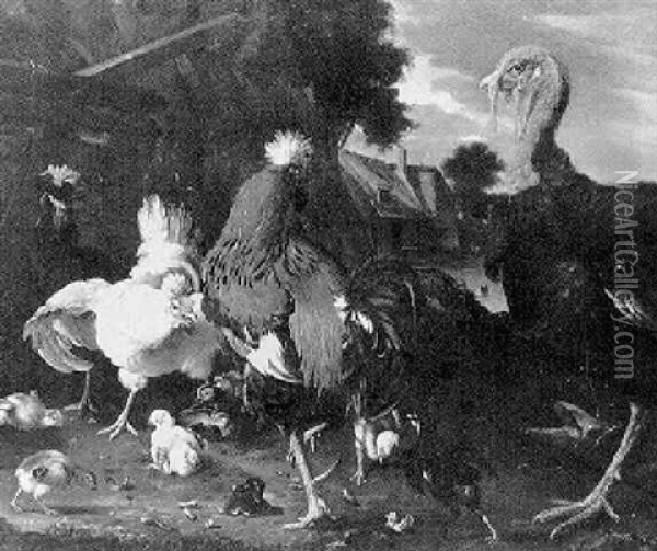 Turkey And A Cockerel, With Hens And Chicks In A Farmyard Oil Painting - Melchior de Hondecoeter
