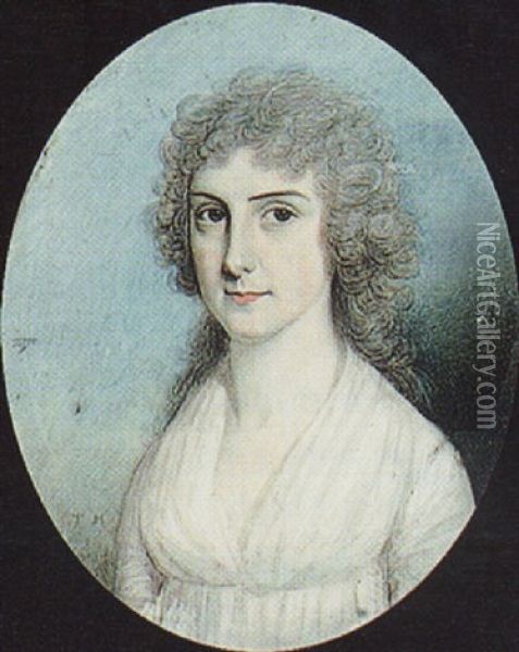 A Lady, With Powdered Hair, Wearing Decollete White Dress Oil Painting - Thomas Hazlehurst