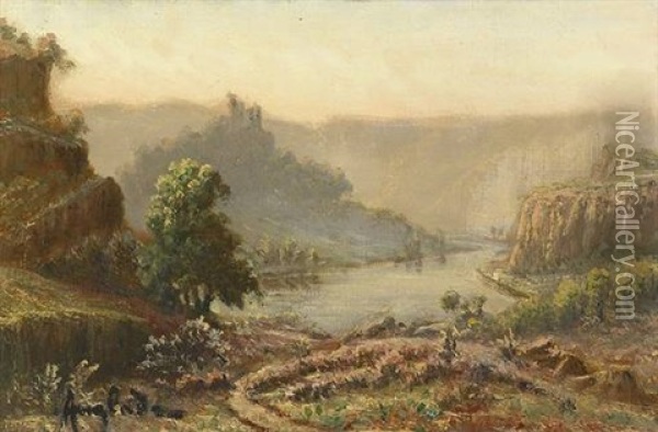 Flusslandschaft Mit Burghugel An Einem Dunstigen Morgen Oil Painting - Gaston Anglade