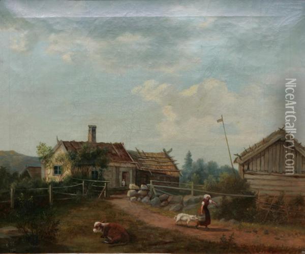Bondgard Med Arbetande Kvinna Oil Painting - Emil Theodor Mankell