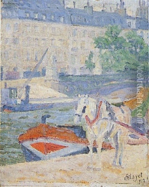 Paris, Quai De Seine, La Peniche Rouge Oil Painting - Louis Hayet