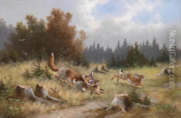 Fox And Rabbits Oil Painting - Moritz Muller
