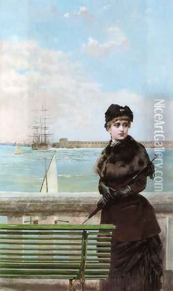 An elegant Woman at St. Malo Oil Painting - Vittorio Matteo Corcos