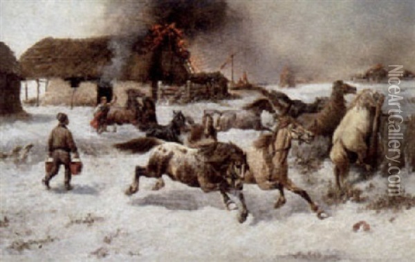 Fire On The Farm Oil Painting - Adolf (Constantin) Baumgartner-Stoiloff