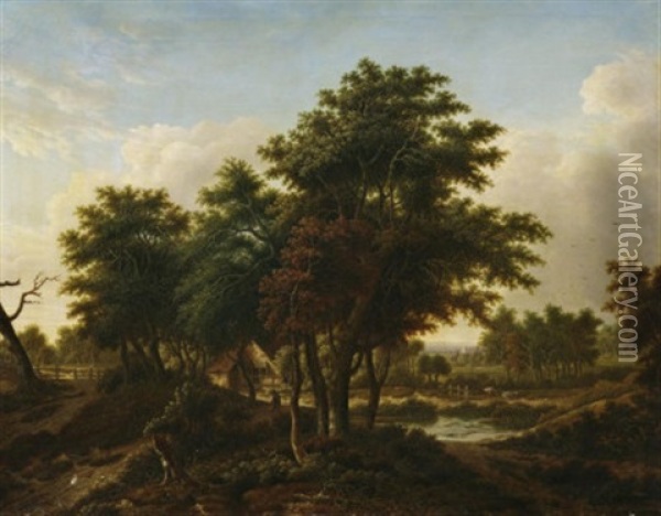 Romantische Waldlandschaft Mit Gehoft Und Wanderern Oil Painting - Johann Kneipp