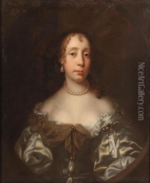 Portrait Of Catherine Braganza Wearing A Satin Dress, Pearl Necklace And Earrings Oil Painting - Jacob Huysmans