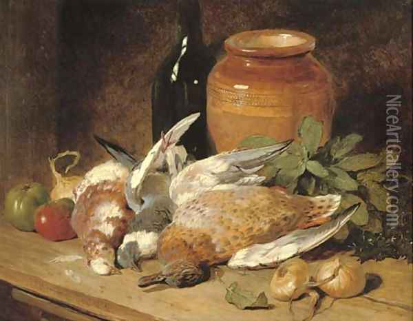 Still life of dead birds, fruit, vegetables, a bottle and a jar Oil Painting - John Frederick Herring Snr