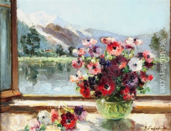 Vase De Fleurs A La Fenetre D'un Chalet Oil Painting - Georgi Alexandrovich Lapchine