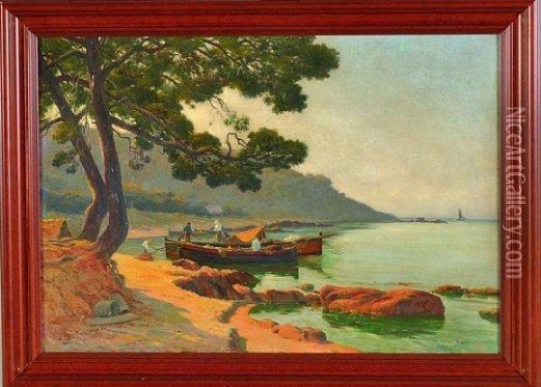 barques Dans Une Calanque En Mediterranee Oil Painting - Lina Bill