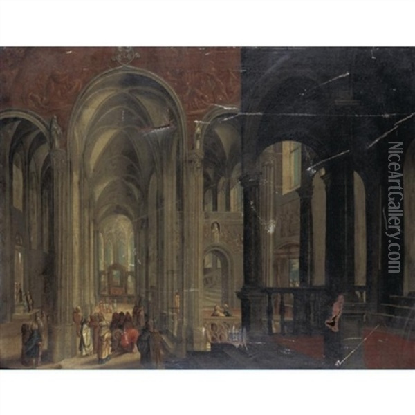 A Church Interior With Christ And The Woman Taken In Adultery Oil Painting - Peeter Neeffs the Younger