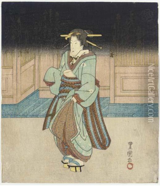 Four Surimono, The First The 
Right Sheet Of A Triptych Of A Beautywalking At Night With Poems Above 
By Shinsentei Hyoku, Shisendokiyoshi And Shinchikuen Jume..(?) Of The 
Manji Poetry Circle,signed Toyokuni Ga And Toshidama Seal; The Second 
Do--rin Oil Painting - Toyokuni