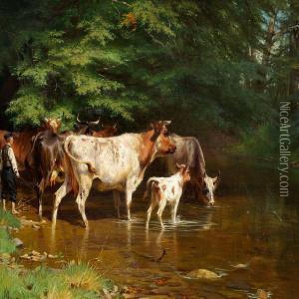 The Cows Are Being Watered Oil Painting - Adolf Henrik Mackeprang